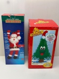 Hold On Santa Animated Figure and Douglas Fir, the Talking Tree, Both with Boxes