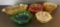 Colored Glass Lot- Amber Divided Dish and Candy Dish, Amberina Handled Dish, Blue Green Handled Bowl