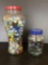 Glass Candy Jar and Plastic Jar of Marbles Including Shooters, Cat Eyes and More