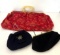 3 Handbags- Red Print, Navy with Brooch and Black
