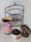 Wrought Iron Pie Plate Holder, 2 Containers of Dominoes, Tin with Scissors, Crochet Hooks, More