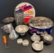 Cooke Tin with Paring Knives, Tea Ball, Can Opener, Funnels, Box Grater, Shaker Lids, Measuring Cups