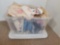 Storage Tote with Embroidered Linens, Fabric Pieces, Burlap Pieces