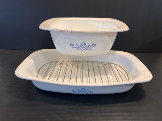 Corning Ware Roasting Pan with Wire Grate and Smaller Square Bowl