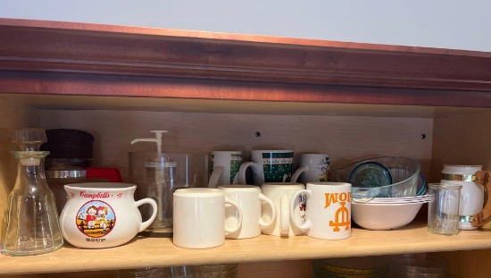 Contents of Shelf- Coffee & Soup Mugs, Cruet, Coffee Pot, Bowls, Canister, Pump Dispenser, More
