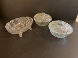 2 Lidded Glass Dishes and Footed Glass Bowl