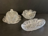 Glass Relish Dish, Lidded Butter Dish and Small Bowl