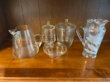 Glassware Grouping- 2 Pitchers, 2 Lidded Jars and Bowl