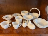 Milk Glass Lot- Pedestal Bowls, Sugar & Creamer, Basket, Hen on Nest, Shaker, Bowls