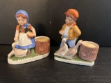 2 Figural Candle Holders- Girl with Geese and Boy with Geese