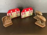 2 Pairs and One Single Bookends- Metal Elephants, Needlework Houses and Single Metal Shakespeare