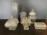 Glassware Grouping- 2 Vases, 3 Lidded Candy Dishes and Small Open Box