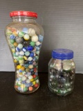 Glass Candy Jar and Plastic Jar of Marbles Including Shooters, Cat Eyes and More