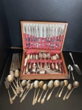 Wooden Flatware Chest with Various Patterns of Silver Plate Flatware
