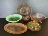 Colored Glass Lot- 2 Platters, 3 Bowls, Lidded Butter Dish