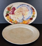 2 Oval Platters- Plain Ironstone and Relief Turkey