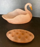 Pink Opaque Glass Swan Planter with Flower Frog Insert