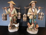 Pair of Asian Men Figures- Both Carrying Buckets, One with Chickens, Other with Ducks