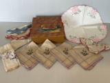 Lady's Embroidered & Edged Hankies, Hanky Box, Dresser Scarf