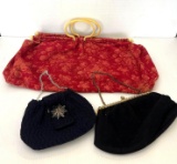 3 Handbags- Red Print, Navy with Brooch and Black