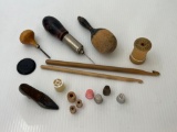 Sewing Accessories- Awls, Darning Egg, Wooden Crochet Hooks, Thimbles, Shoe Pin Cushion, More