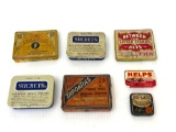 7 Vintage Medicinal Tins- Sucrets, Throatals, Ex-Lax, Helps, Rawleigh's Cold Tablets, Little Cigars