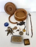 1917 Glass Paperweight, Metal Tag from Pottstown Company, Keys, Watch Chain, Buttons from Jeans