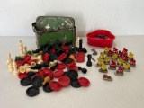 Vintage Tin Lunch Pail with Chess & Checkers, Figures from Football Game and Other Dish of Checkers