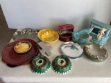 Ceramics Lot- Ashtrays, Candle Holders, Swan Planter, Elf & Well Planter, Silverplate Tray & Crumber