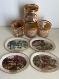 Currier & Ives Four Seasons Oval Metal Trays, 4 Bicentennial Glasses