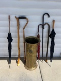 Brass Umbrella Stand with 3 Canes, 3 Umbrellas and Walking Stick