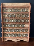 Wooden Display Rack with 39 Brass Type Plates Featuring U.S. Presidents