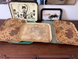 Trays Lot- TV Trays with Cats, Floral & Other Lunch Trays, Small Metal Tray w/ 1910 Ford Torpedo