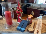 Pillar Candle with Hurricane Shade, 2 Thermometers, Wooden Shelf Sitter, Teddy Firemen Figure