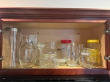 Contents of Shelf- Vases, Canisters, Lidded Jar, Juice Bottle with Lid