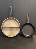 Hammered Aluminum Divided Skillet and Cast Iron Skillet, Marked 