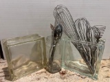 2 Glass Cube Containers and Jar with Wire Whisks and Utensils