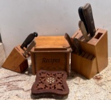 2 Wooden Knife Blocks with Knives, Wooden Recipe Box and Wooden Trivet
