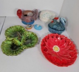 Ceramic Lot- Plates, Hen on Nest, Turkey Planter, Lidded Eggs