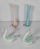 Art Glass - Pair of Swirl Bud Vases and Pair of Swan Figures