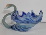 Art Glass Blue Swirl Swan Planter/Bowl