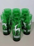10 Dark Green Glass Tumblers with Antelope Gazelle