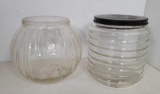 2 Large Glass Canister Jars- One has Black Metal Lid