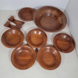 Wooden Salad Set- Large Bowl, 6 Smaller Bowls, 2 Serving Forks