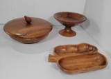 Wooden Lot- Lidded Bowl, Pedestal Dish and Divided Dish