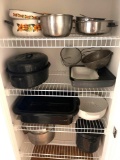 Contents of Shelves- Cookware, Roasters, Plastic Colander, Pressure Cooker, Strainers, Enamelware