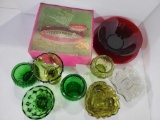 Glassware Lot- 6 Green Glass Bowls, Clear Plate, Cranberry Bowl & Plate and Chip & Dip Set in Box