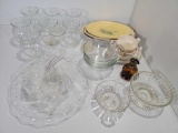 Glassware Grouping, Plates, Small Oil Lamp, Sugar & Creamer Set