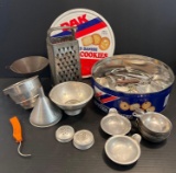 Cooke Tin with Paring Knives, Tea Ball, Can Opener, Funnels, Box Grater, Shaker Lids, Measuring Cups