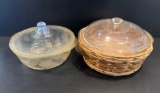 2 Glass Casserole Dishes with Lids- One has Basket Holder